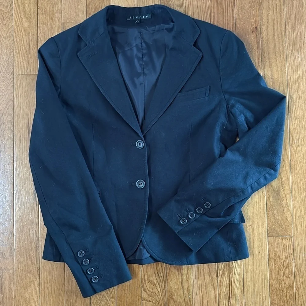 Theory Navy Blue Tailored Blazer Stretch Cotton 2 Button Career Office Jacket 10